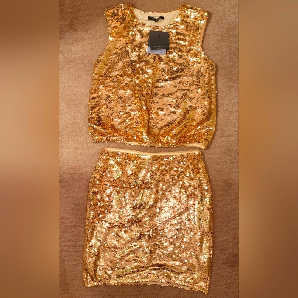 Gold sequin skirt set.